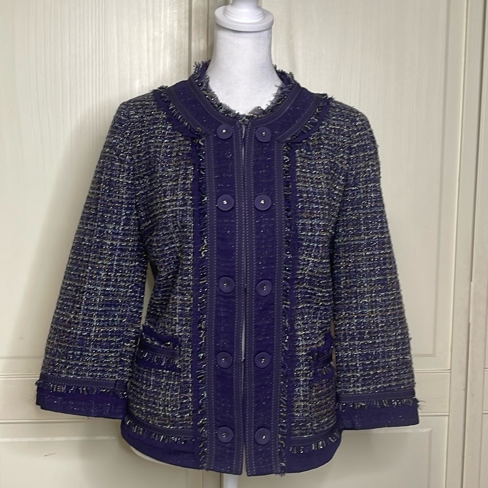 Chicos Women’s Purple Tweed Lined Collarless Jacket Blazer Size 1/8